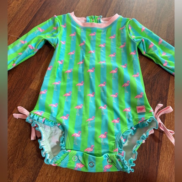 Ruffle Butts Green Flamingo Print Kids Swimwear - Picture 8 of 12